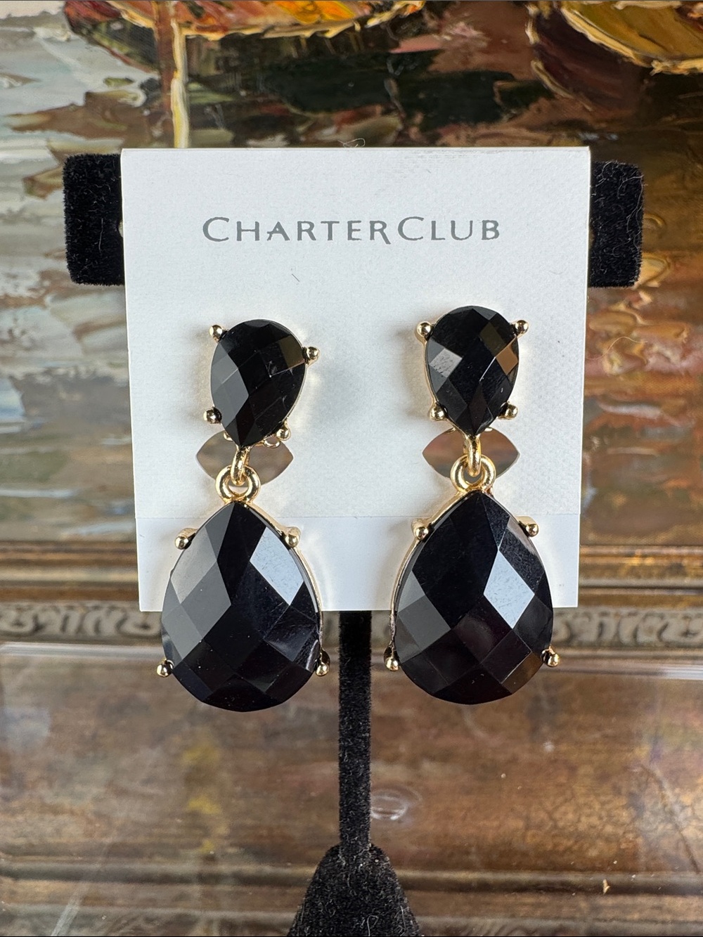 0708- Clip-ons Charter Club Gold-Tone Black Faceted Teardrop Dangle Earrings